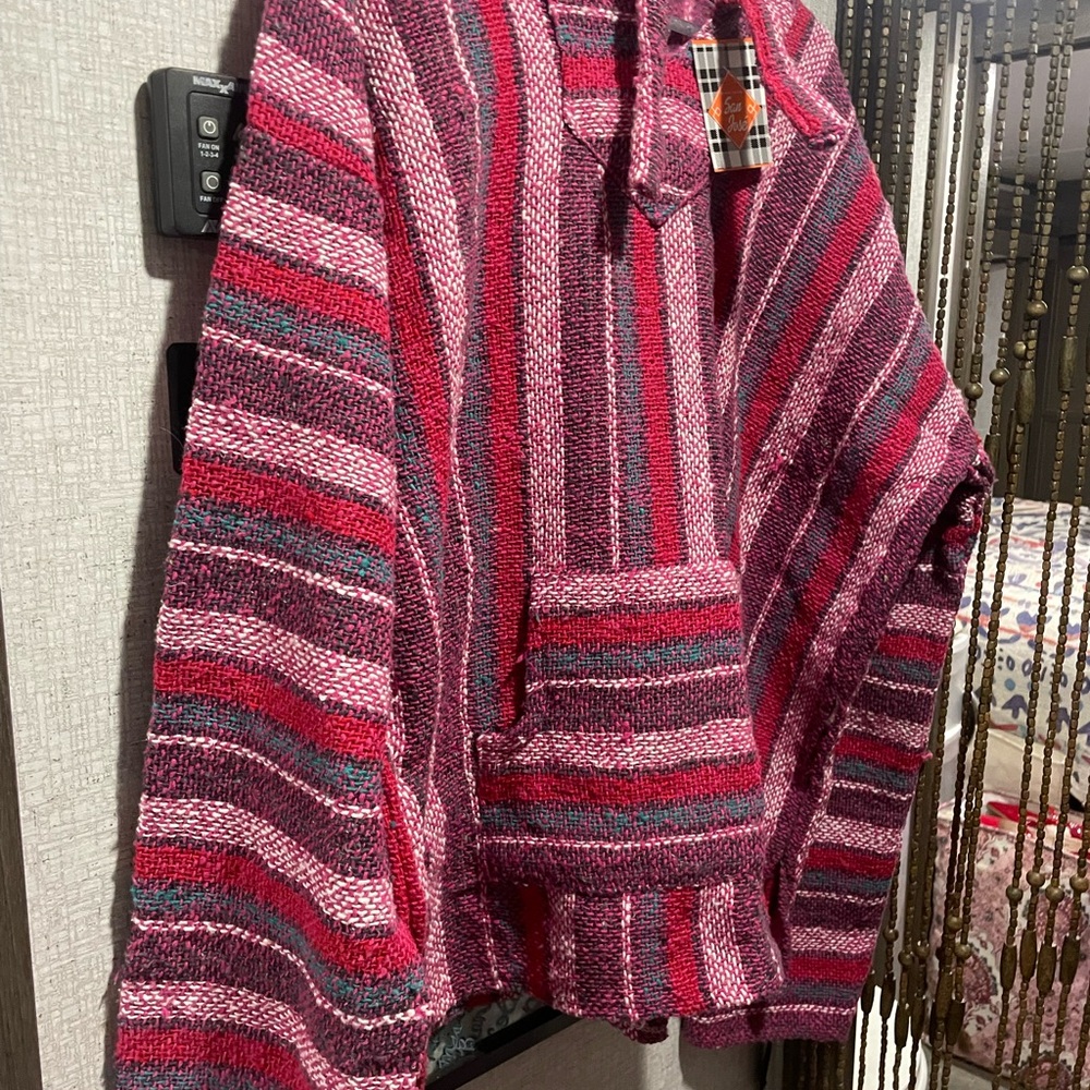 Striped Pink and Gray Knit Poncho Baja NWT